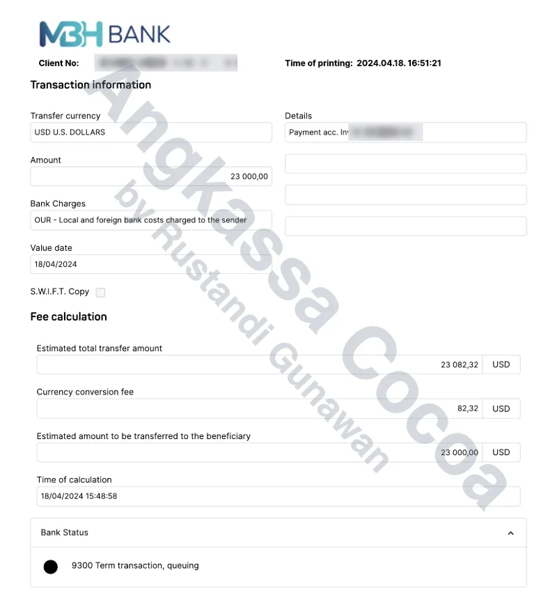 Bukti transfer bank dari pembeli luar negeri, USD 23.000, tanggal 18 April 2024. Data pengirim dan nomor referensi ditutup.