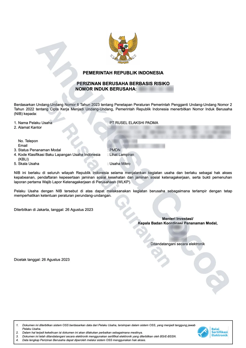 Halaman pertama dokumen Nomor Induk Berusaha atas nama PT Rusel Elakshi Padma. Nomor, alamat, kontak, dan kode QR ditutup.